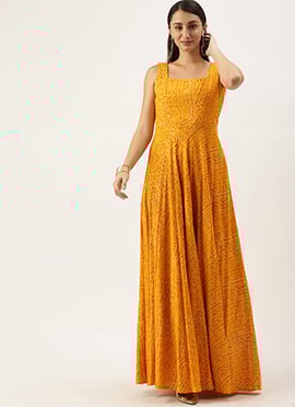 Yellow Printed Strap Neck Dress