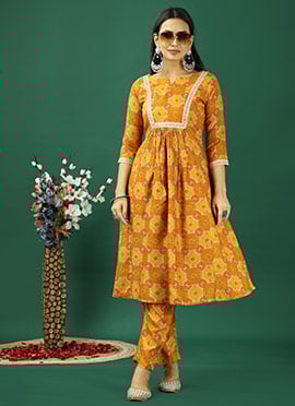 Teen Girls Yellow Printed Viscose Kurta Straight Pant Set
