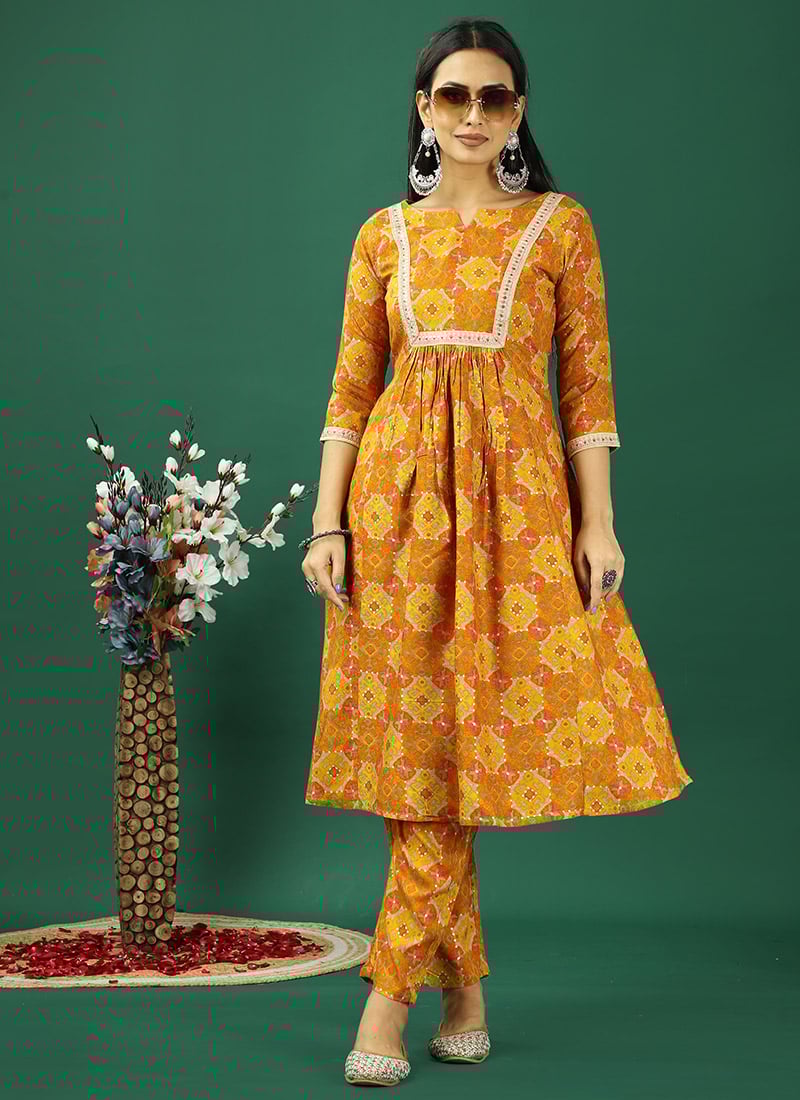 Teen Girls Yellow Printed Viscose Kurta Straight Pant Set Festive Wear