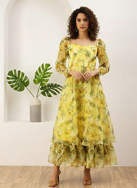 Yellow Printed organza Maxi Dress