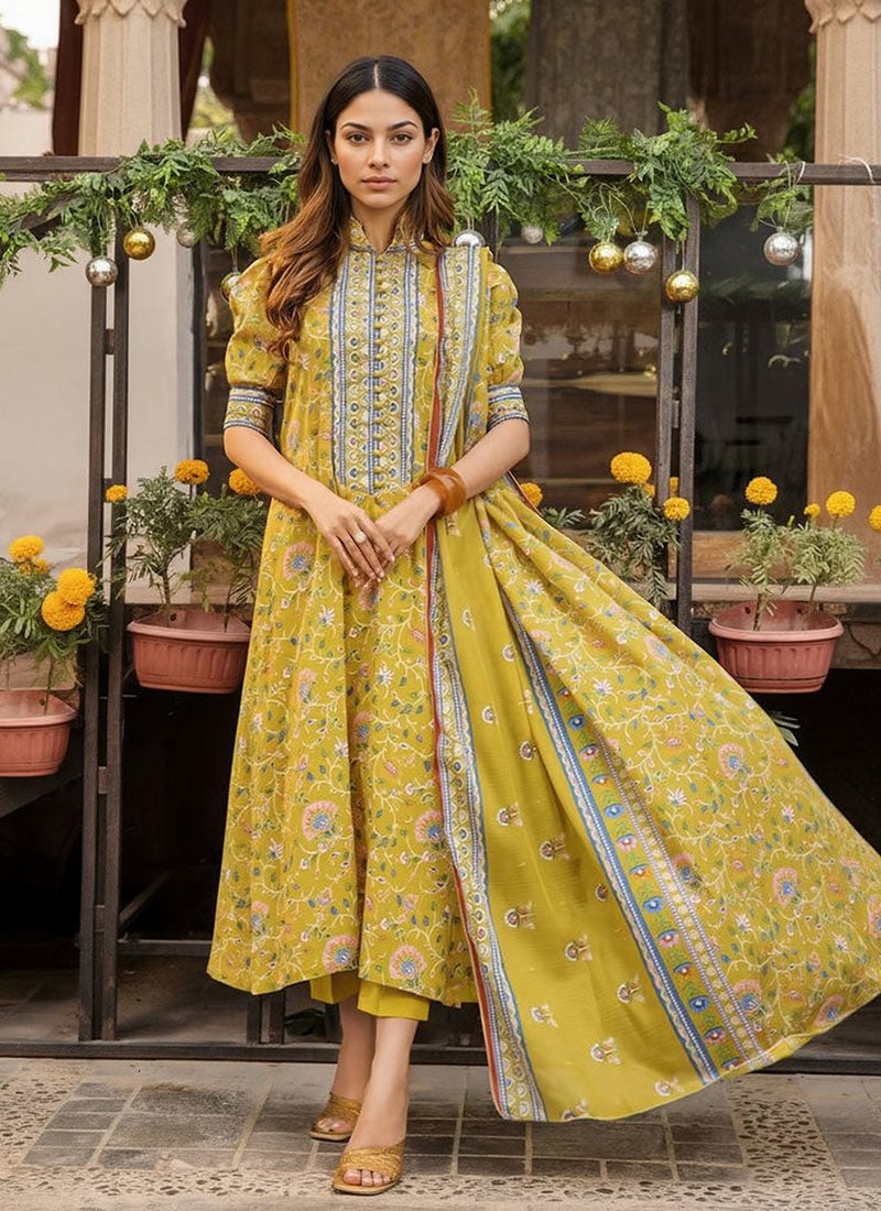 Yellow Rayon Digital Print Straight Pant Suit After Six Wear