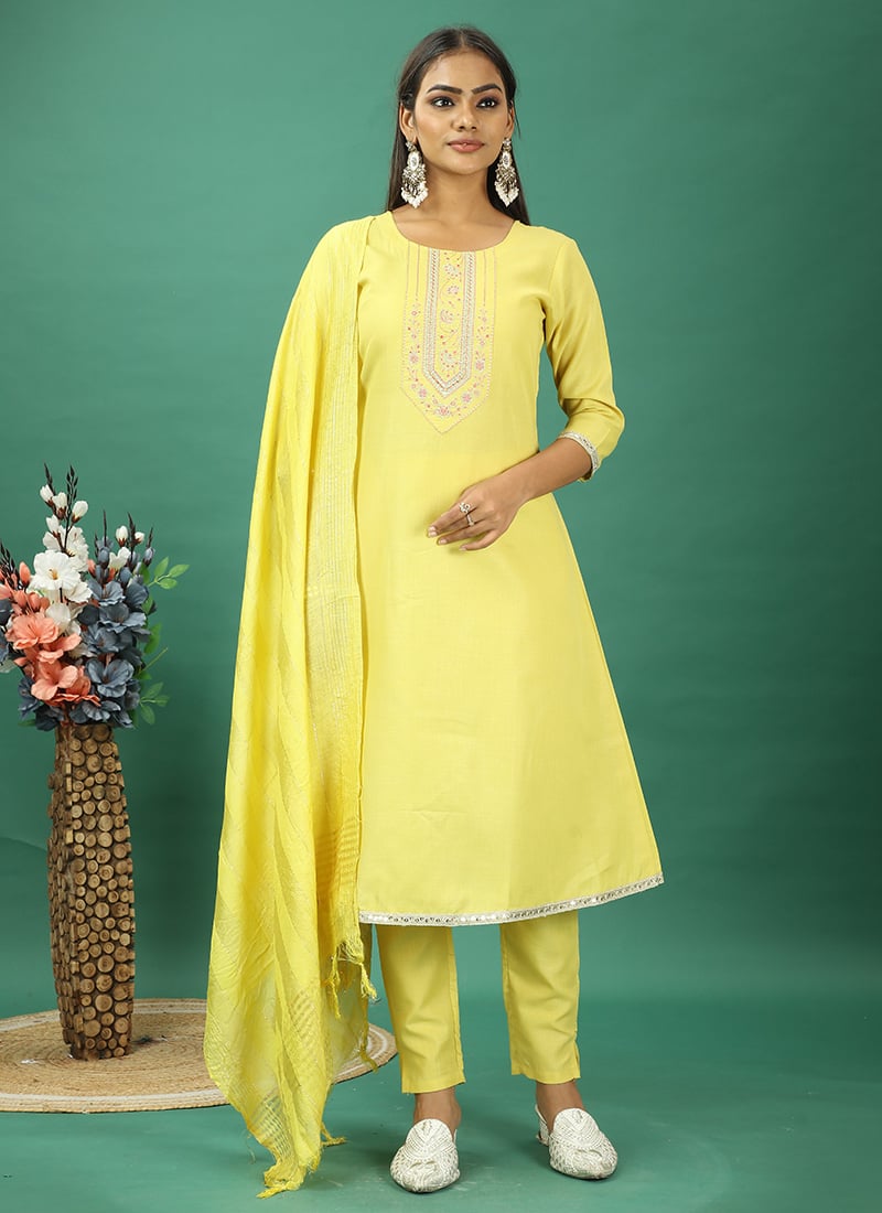 Teen Girls Yellow Rayon Embroidered Narrow Straight Pant Suit Festive Wear