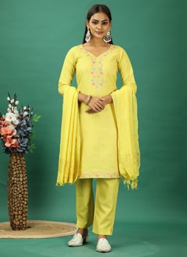 Yellow Rayon Embroidered Straight Pant Suit