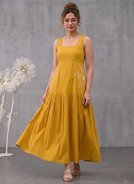Yellow Rayon Embroidered Tiered Dress