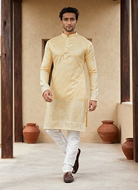 Yellow Silk Embroidered Sequins Kurta Pyjama