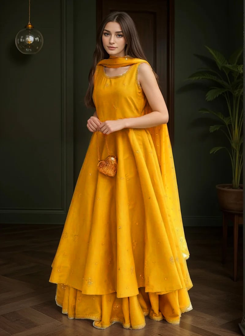 Mustard Yellow Silk Hand Embroidered Sequins Sharara Suit Festive Wear