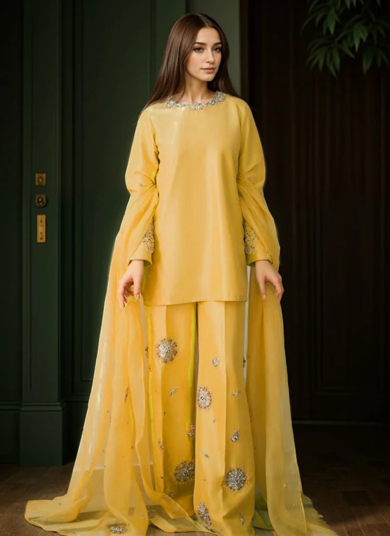 Yellow Silk Moti And Cutdana Hand Embroidered Palazzo Suit Festive Wear
