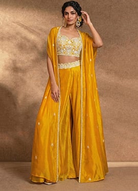 Yellow Silk Resham Indowestern Jacket Palazzo Set
