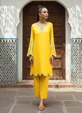 Yellow Silk Zari Foil Print Pakistani Straight Pant Suit
