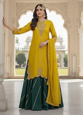 Yellow Silk Zari Sequins Palazzo Suit