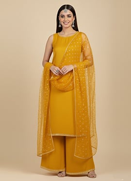 Yellow Silk Zari Sequins Palazzo Suit