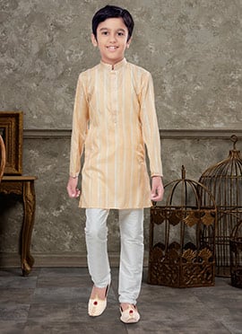 Yellow To White Blended Cotton Kids Boys Kurta Pyjama