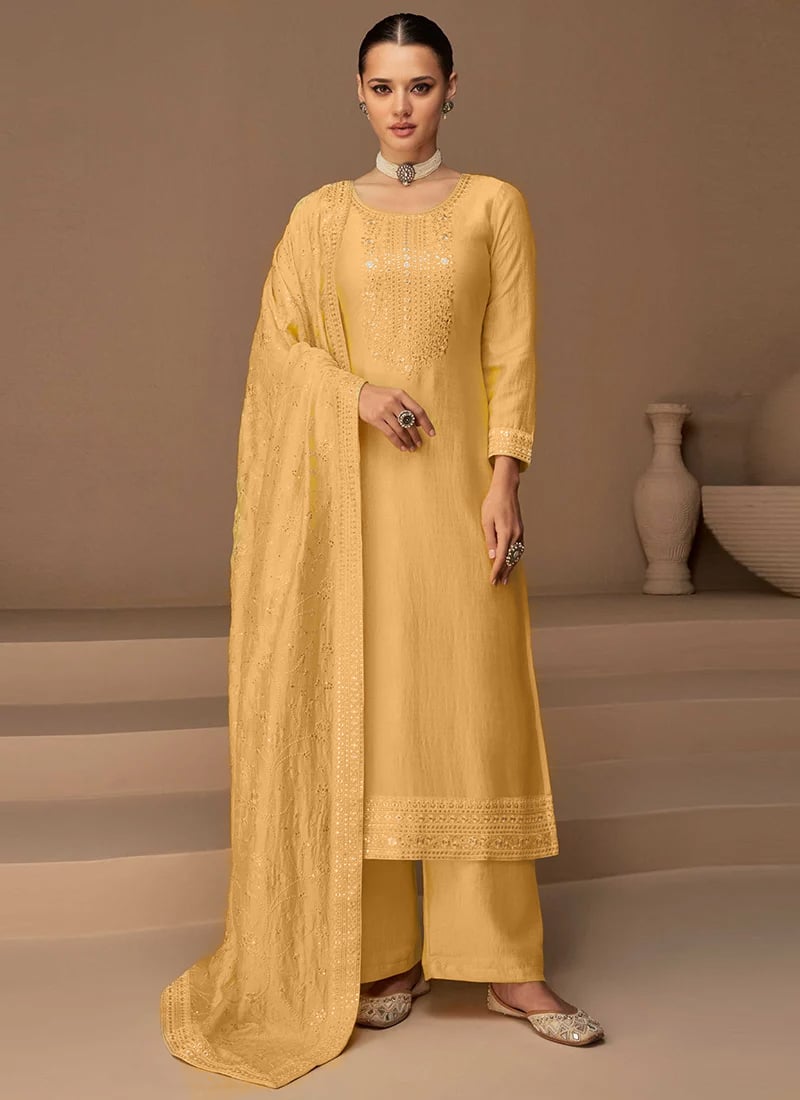 Yellow Tussar Silk Embroidered Palazzo Suit Party Wear