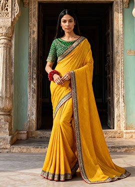 Yellow Vichitra Silk Embroidered Sequins Saree
