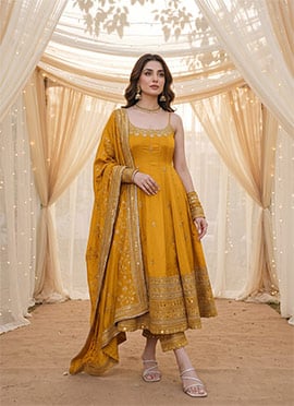 Yellow Vichitra Silk Zari Embroidered Sequins Anarkali Suit