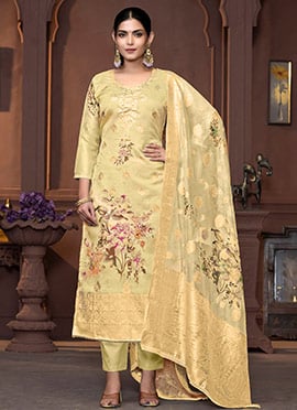 Yellow Viscose Organza Banarasi Digital Print Straight Pant Suit