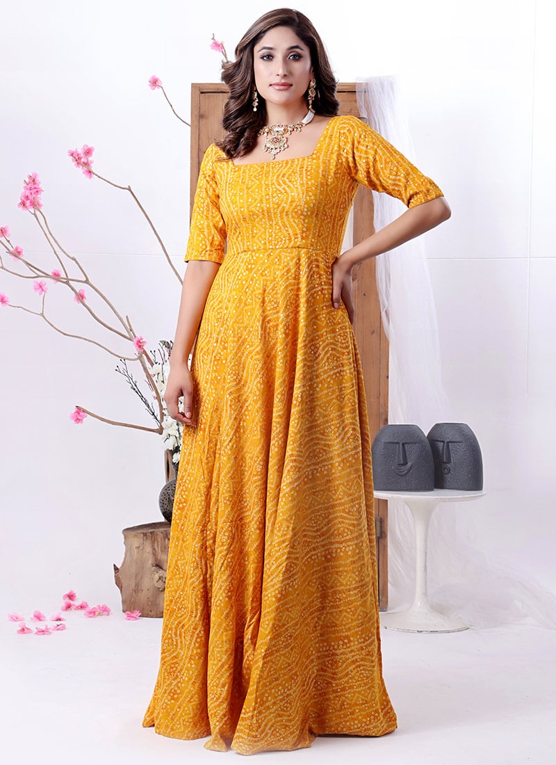 Yellow Viscose Printed Dress Festive Wear