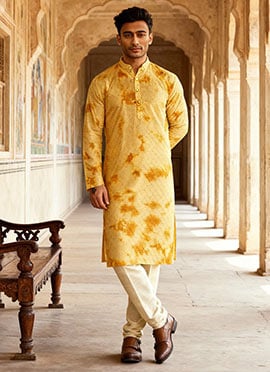 Yellow Viscose Sequins Tie And Dye Print Kurta Pyjama