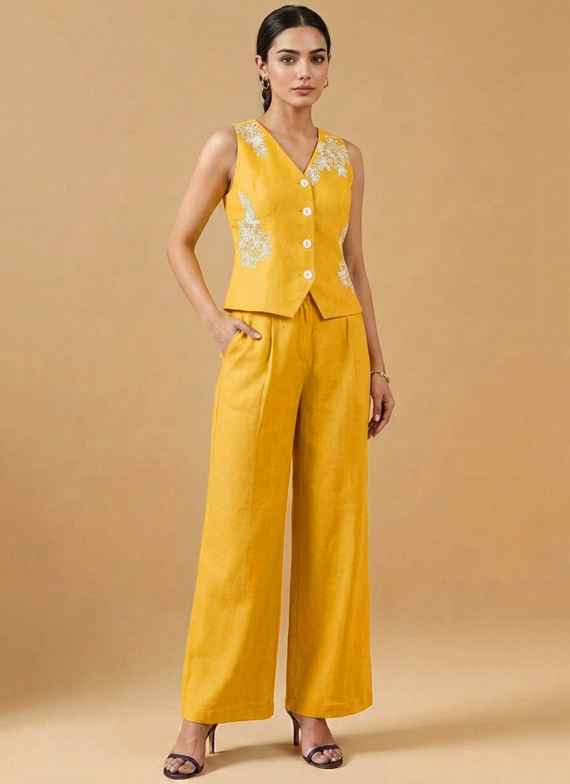 Yellow Zari Work Cotton Co Ord Set With Waistcoat After Six Wear