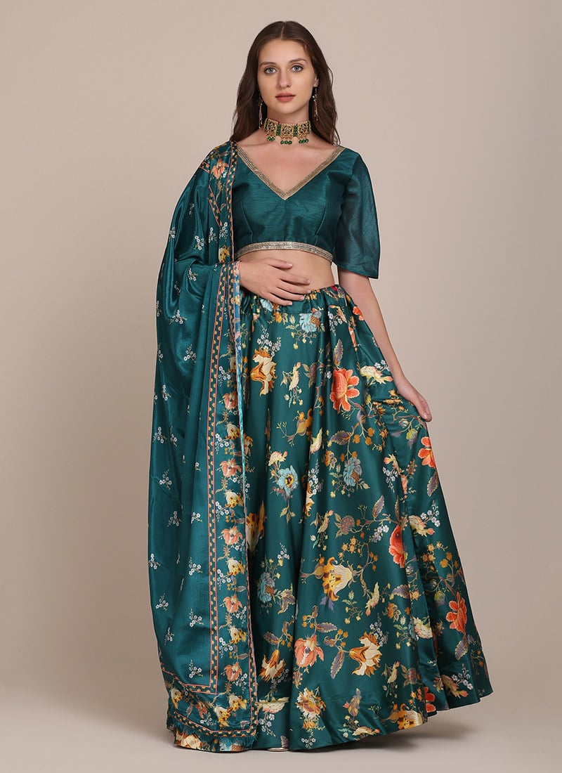 A Line Lehenga For Classic In Green Chinon Floral Printed With Dupatta