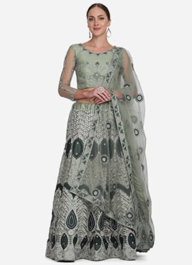 A Line Lehenga For Pista Green Net Embroidered Stone With Choli And Dupatta