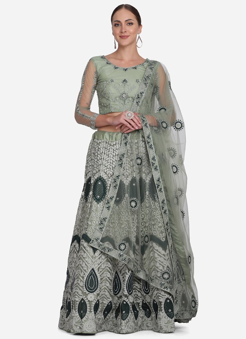 A Line Lehenga For Pista Green Net Embroidered Stone With Choli And Dupatta Party Wear