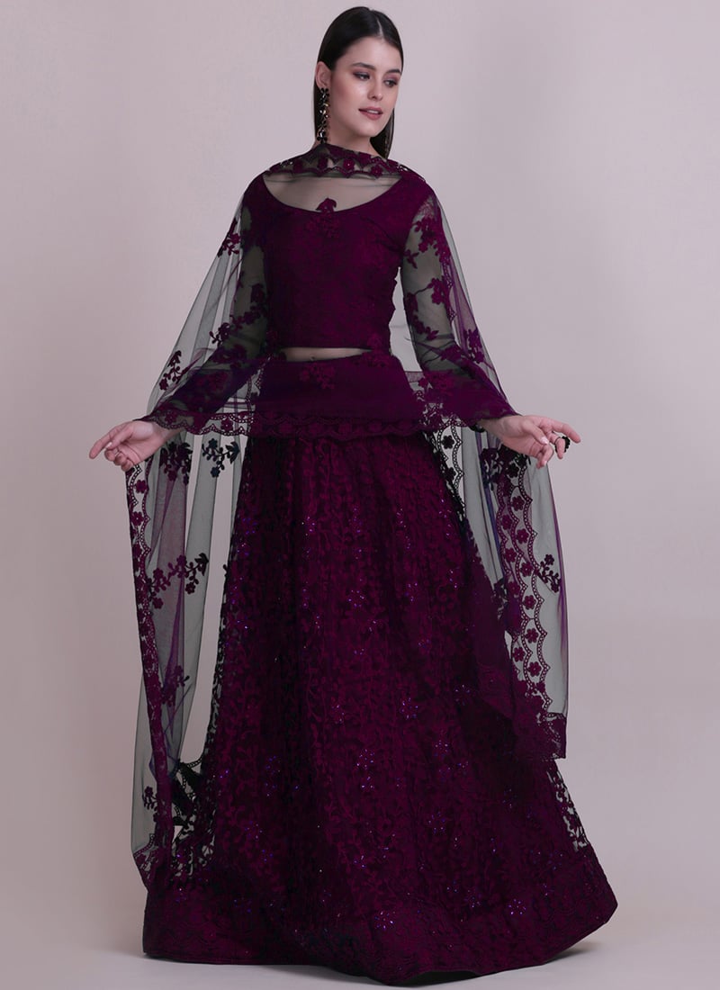 A Line Lehenga For Women Wine Net Embroidered Stone With Choli And Dupatta Party Wear