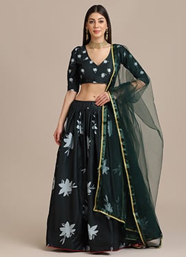 A Line Lehenga In Dark Green Crepe Printed And Dupatta For Indian Women
