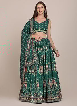 A Line Lehenga In Green Faux Crepe Floral Print With Choli And Dupatta
