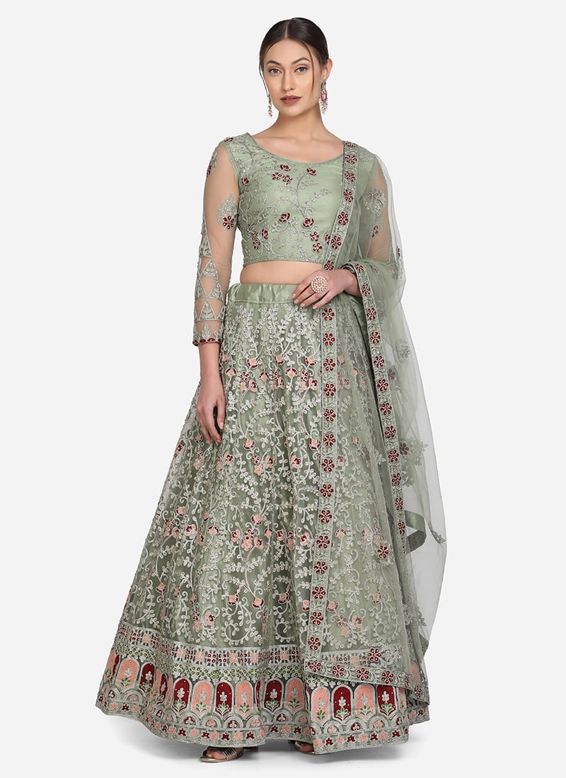 A Line Lehenga Pista Green Net Embroidered Stone With Choli And Dupatta Party Wear
