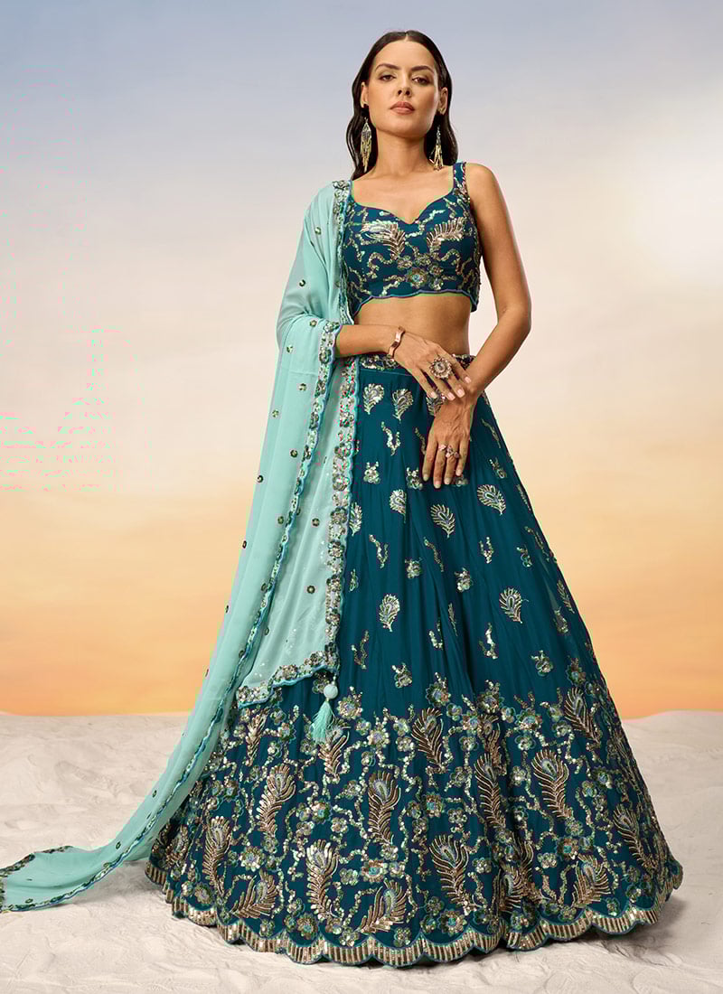 A Line Lehenga Teal Georgette Embroidered Sequins For Wedding Functions Wedding Wear