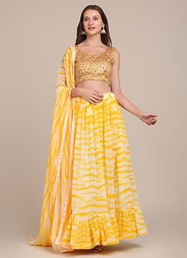 A Line Lehenga Women Yellow Shibori Print With Embroidered Sequins Choli