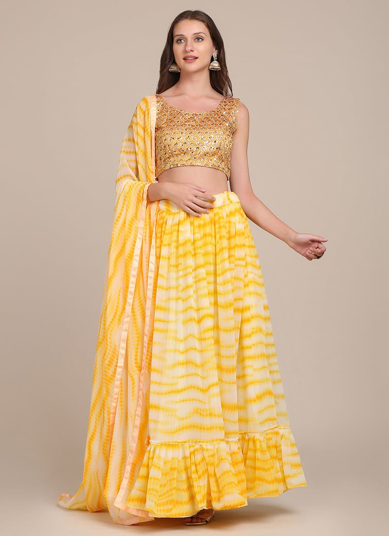 A Line Lehenga Women Yellow Shibori Print With Embroidered Sequins Choli Party Wear