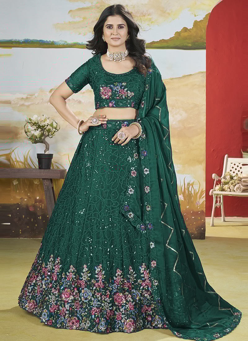 A Regal Green Chinon Lehenga Adorned With Sequins And Embroidery Wedding Wear
