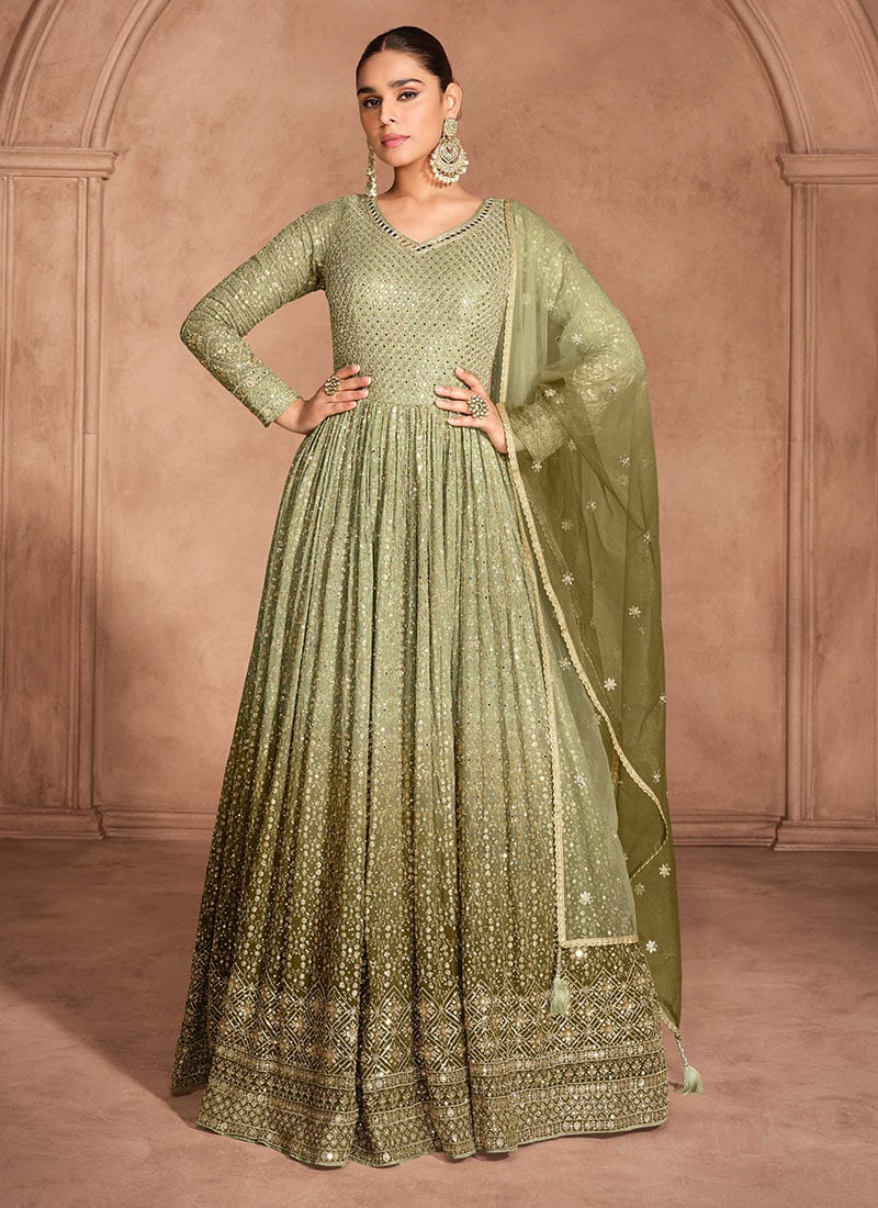 Abaya Style Olive Green Anarkali With Intricate Embroidery Sequins Festive Wear
