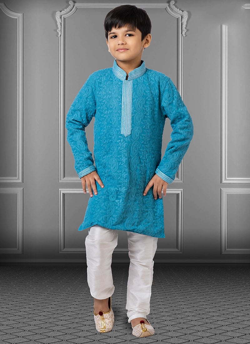 Admiral Blue Georgette Embroidered Boys Kurta Pyjama