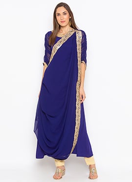 Admiral Blue Georgette Embroidered Kurta Straight Pant Set