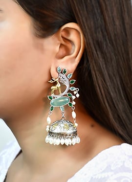 Aesthetic Turquoise Kundan Beads Oxidised Jhumka