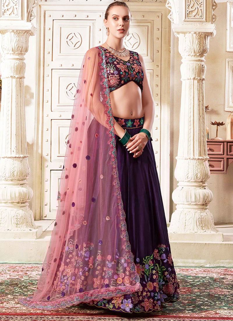 Alluring And Elegant In Purple Silk Embroidered Sequins Lehenga Wedding Wear
