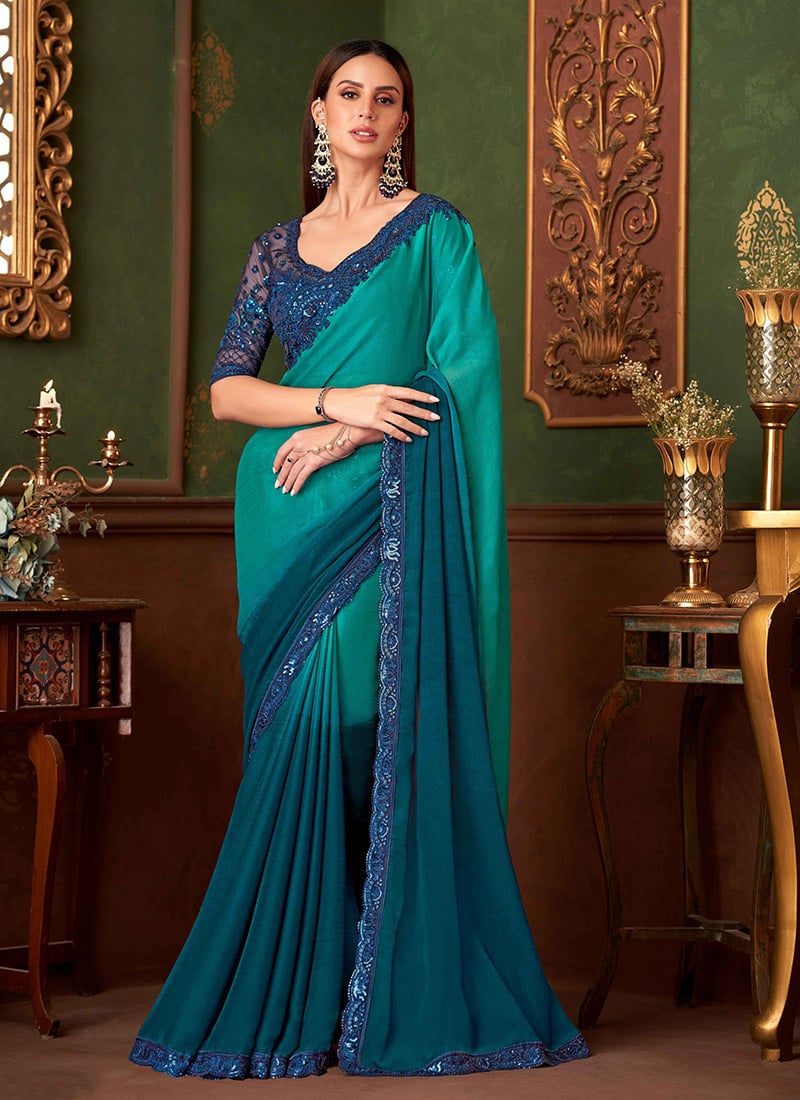 Alluring Blue Chiffon Zari Embroidered Sequins Dual Color Saree Wedding Wear-SASCC3906SW1414