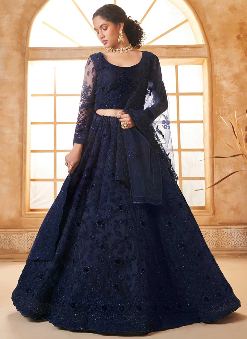 Alluring Blue Net Embroidered Stone Work Lehenga Wedding Wear