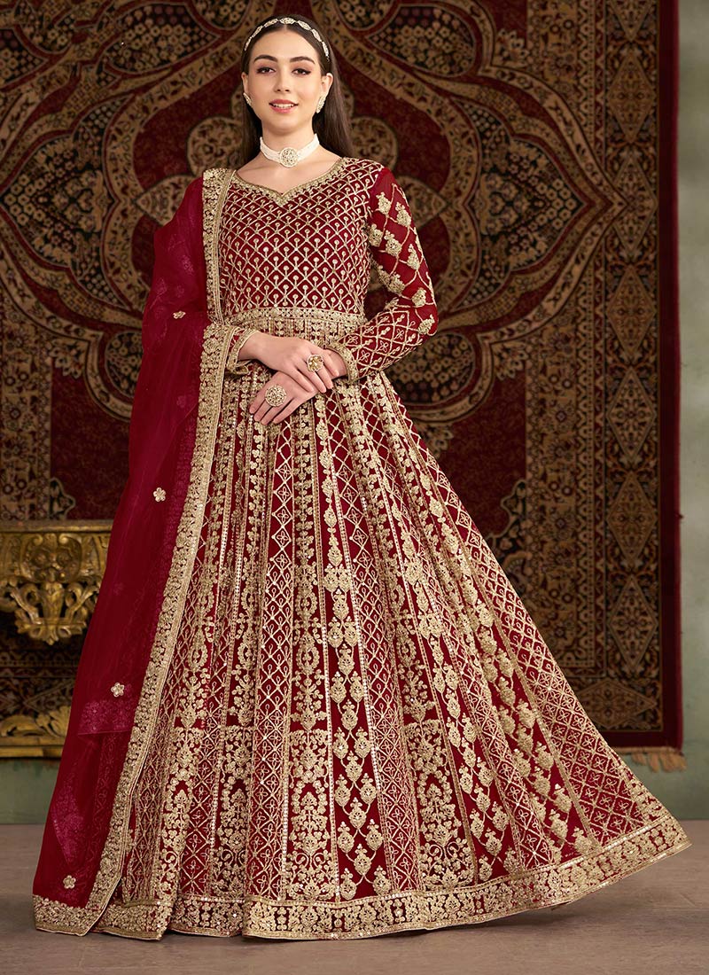 Alluring Maroon Net Gota Embroidered Sequins A Line Anarkali Suit For Glamorous Events Wedding Wear