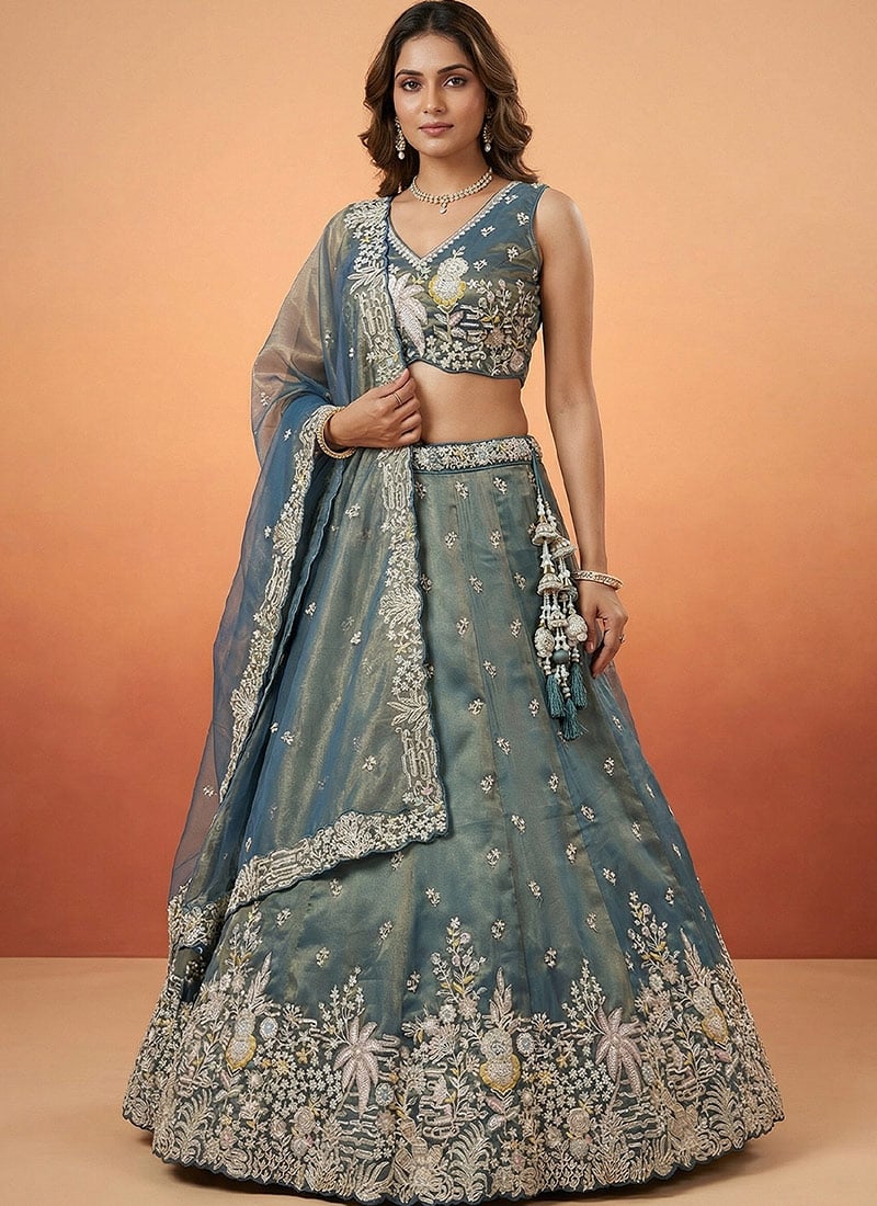 Alluring Peacock Blue Tissue Embroidered Umbrella Lehenga Wedding Wear