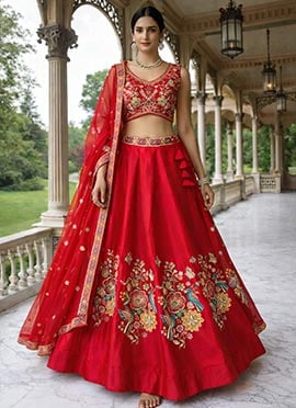 Alluring Red Silk Sequins Embroidered Umbrella Lehenga