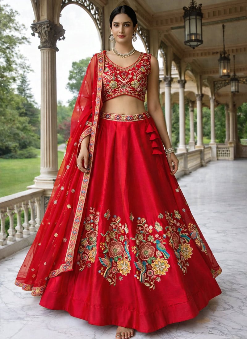 Alluring Red Silk Sequins Embroidered Umbrella Lehenga Wedding Wear