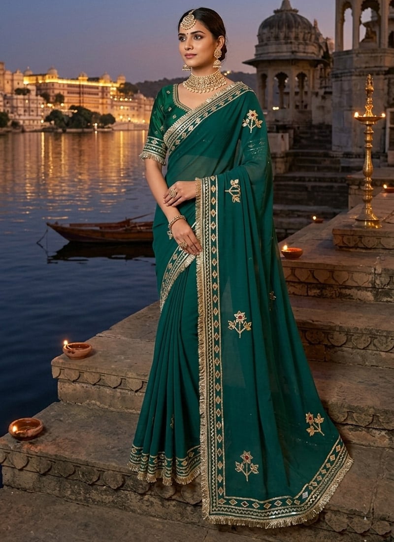 Alluring Teal Green Royal Georgette Embroidered Gota Saree Festive Wear