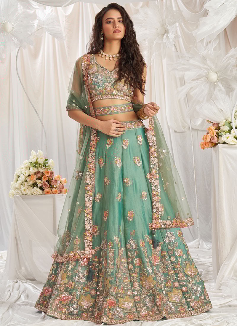 Alluring Teal Organza Zarkan Embroidered Sequins Lehenga Wedding Wear