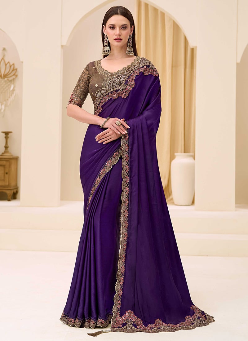 Alluring Violet Chiffon Embroidered Sequins Zari Beads Thread Saree Wedding Wear