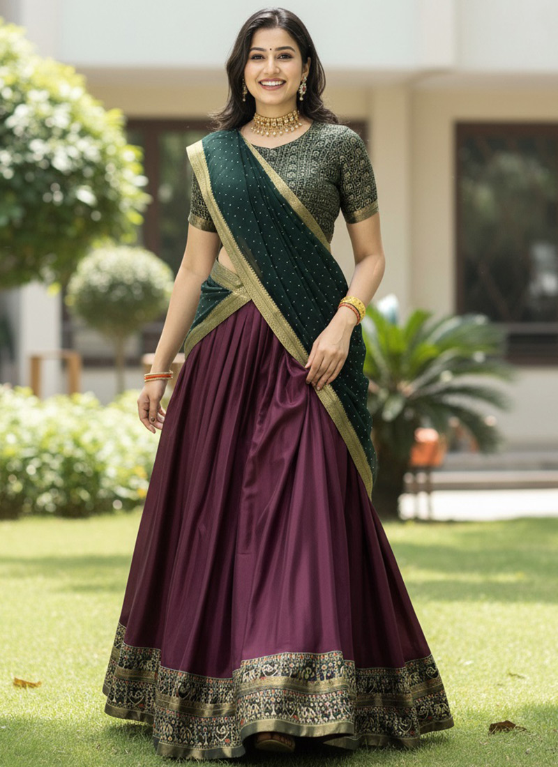 Alluring Wine Malmal Cotton Patola Print Umbrella Lehenga Festive Wear