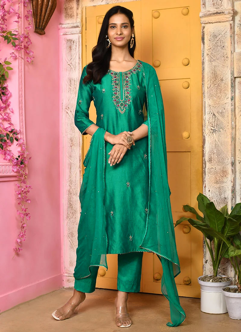 Trendy Traditional Party Wear Salwar Suit Blue Cotton Slab Pant Straight
